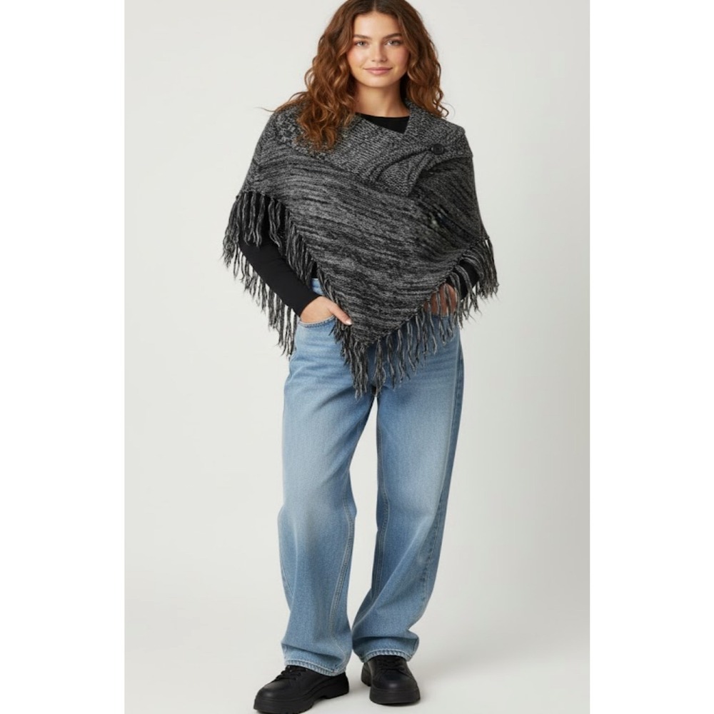Say What? Poncho Women OS Black‎ Grey Excellent Knit Fringe Button Wrap Sweater